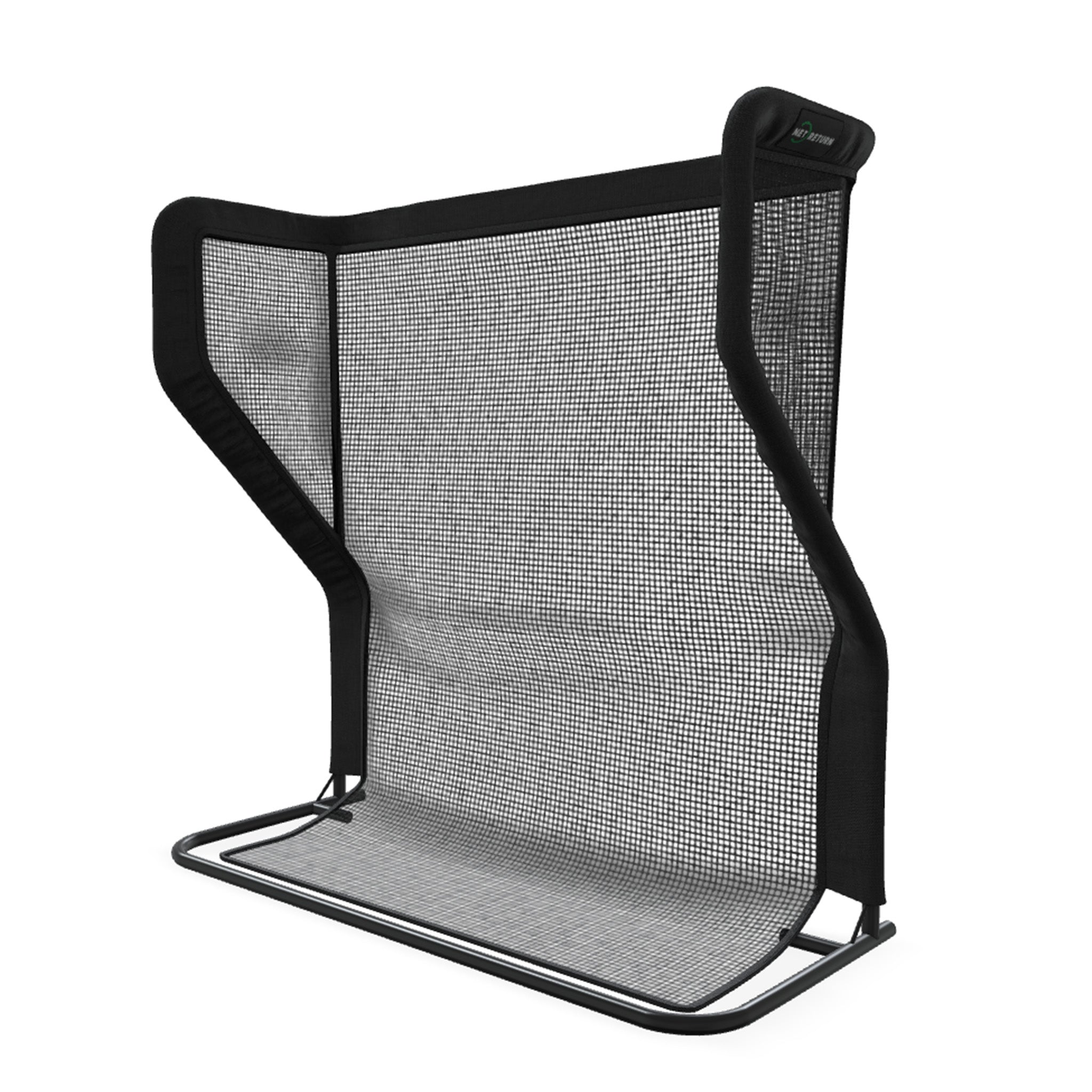 A black and gray folding screen with a mesh surface and a sturdy frame, designed for catching or blocking objects.