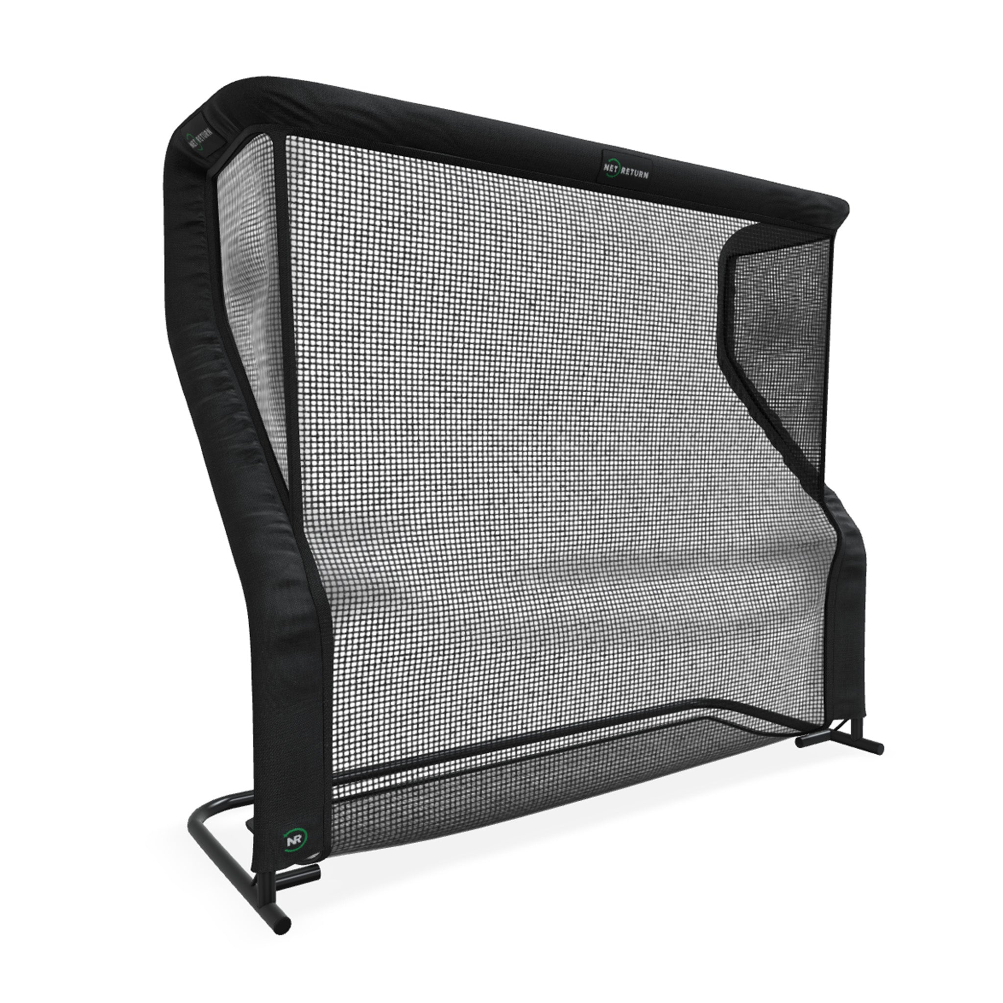A large black sports net with a sturdy frame and angled sides, designed for returning balls, stands upright against a white background.