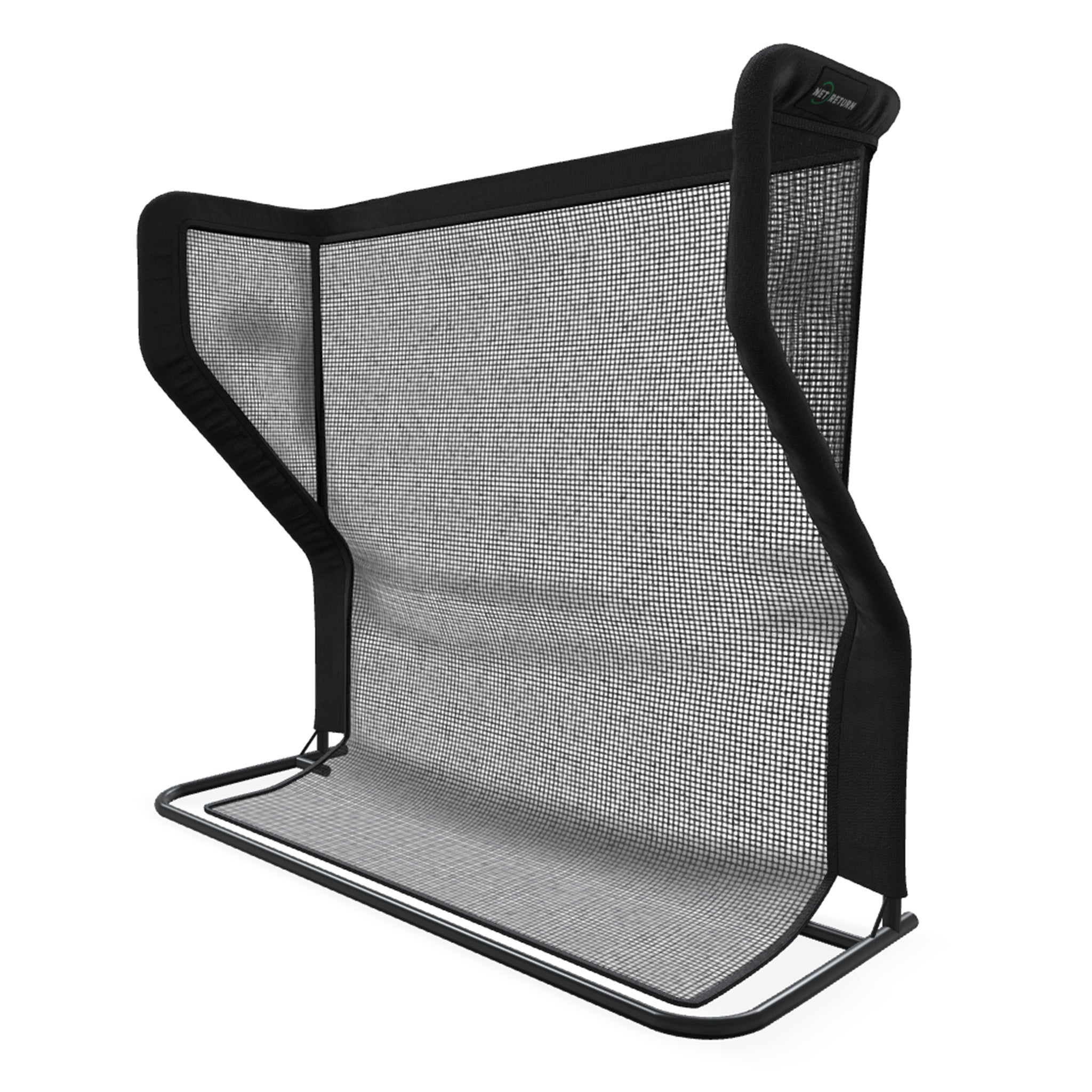 A black mesh back support for a chair with a sturdy frame designed to enhance posture and comfort.