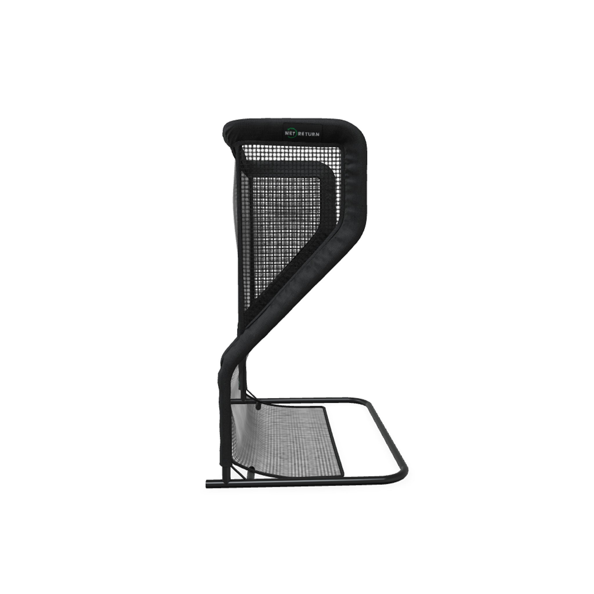 Side view of a black sports rebounder net with a curved frame and supportive base.