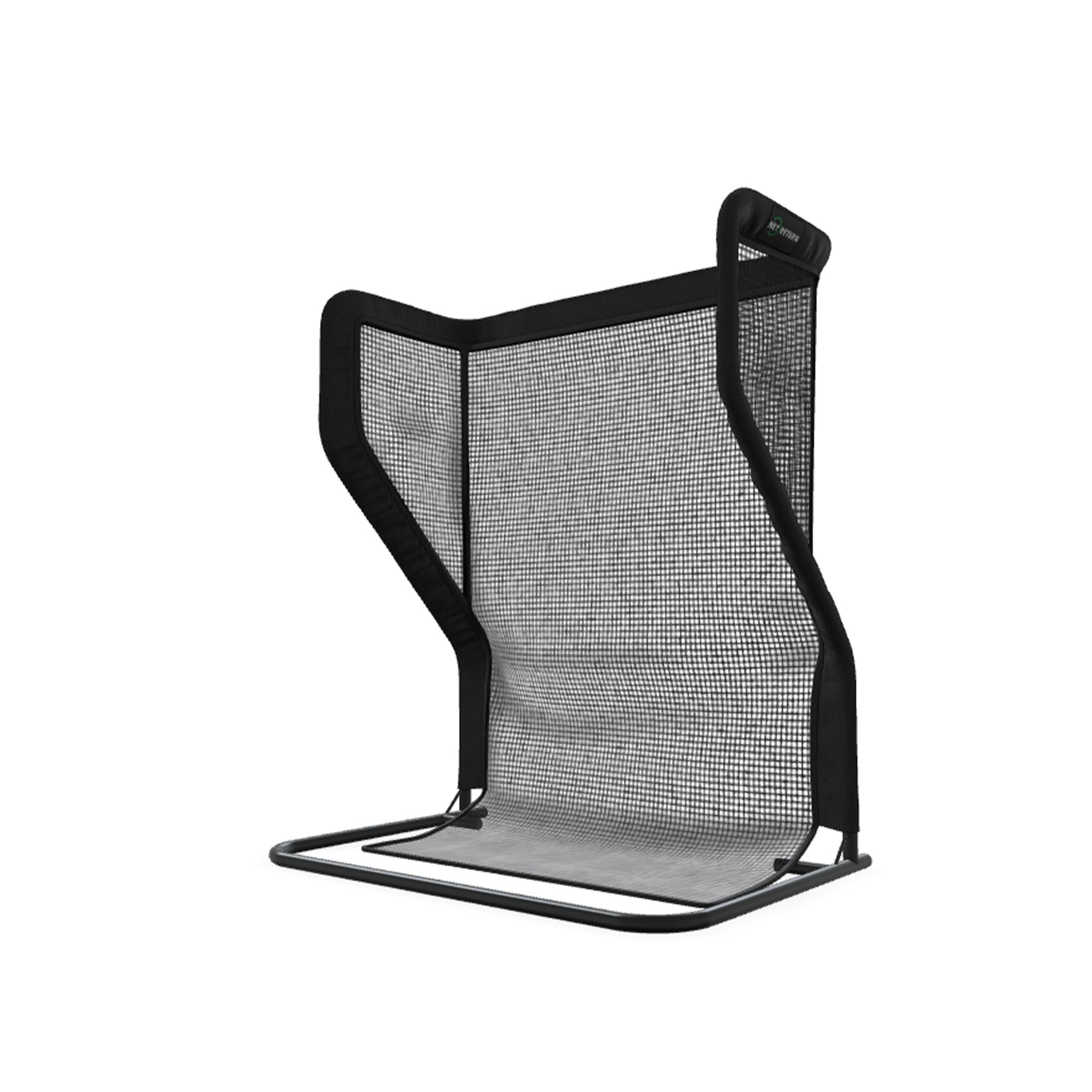 Black mesh metal laptop stand with a supportive backrest and sturdy base, designed for ergonomic use.