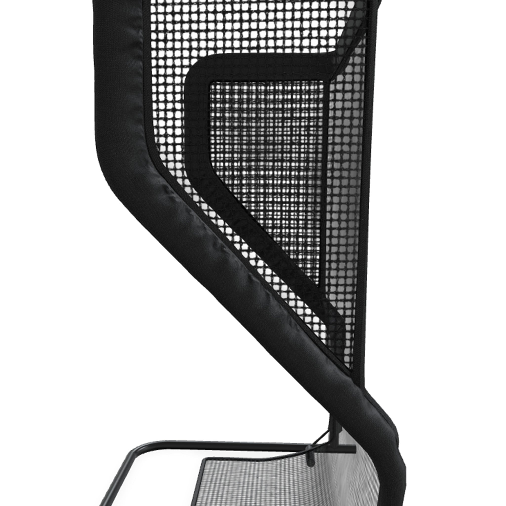 Close-up of a black mesh-backed ergonomic chair showing the curved backrest frame and seat support against a white background.