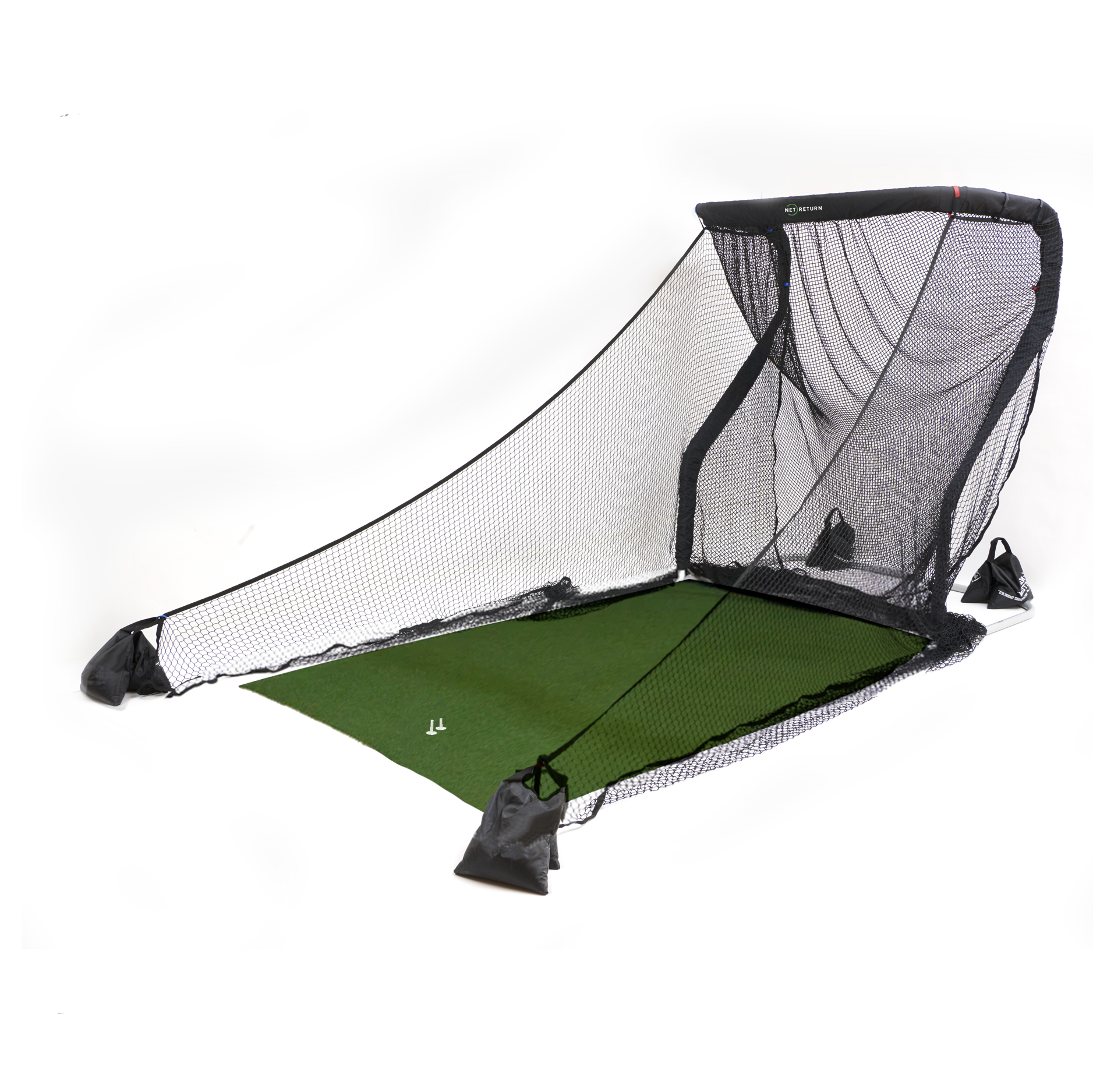 A golf practice net with a green turf mat and supporting frame for indoor or outdoor use.