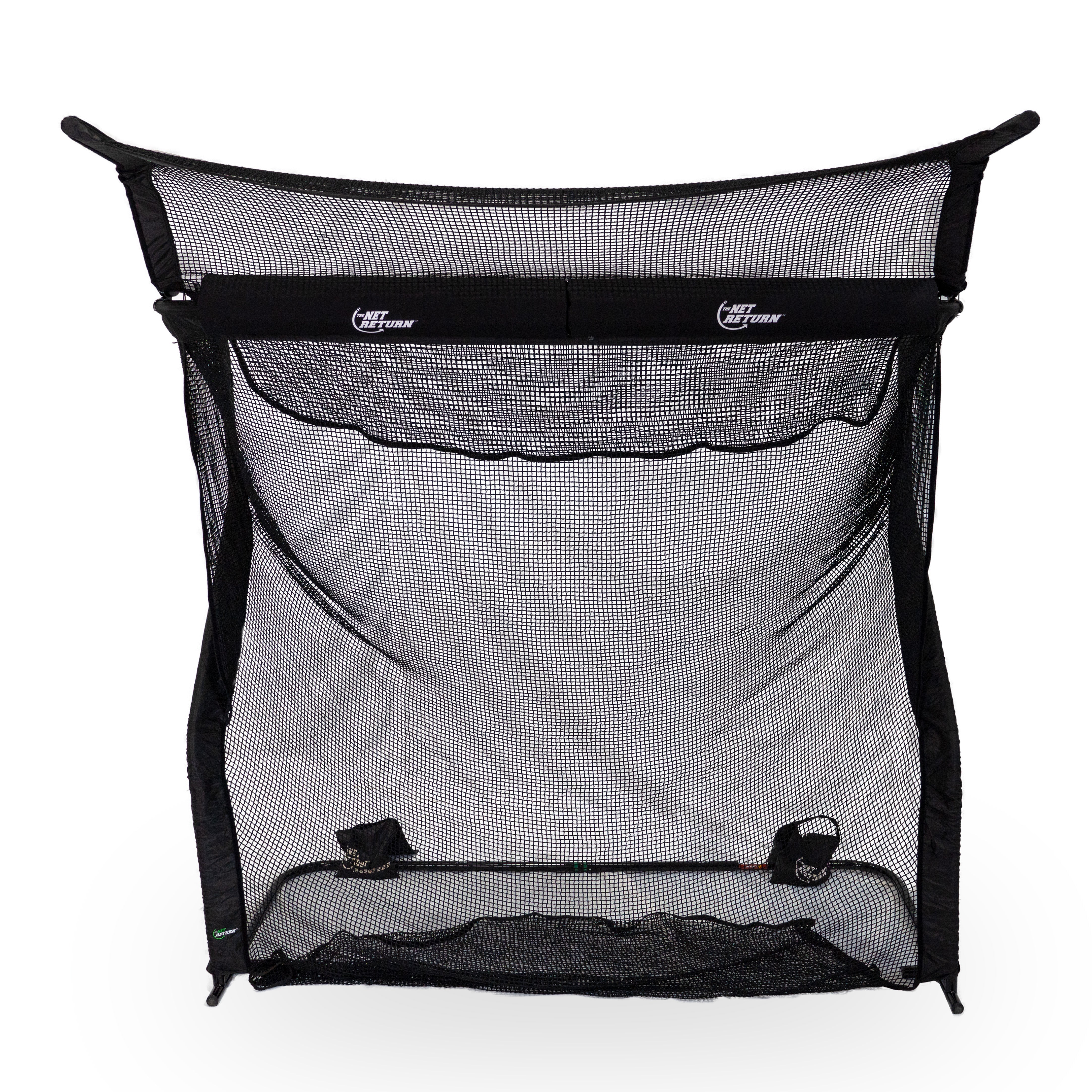 The Net Return No Fly Zone V2 Accessory is a black mesh sports net with a rectangular frame and golf net extension for extra overhead protection, designed for ball-catching during practice, shown against a white background.