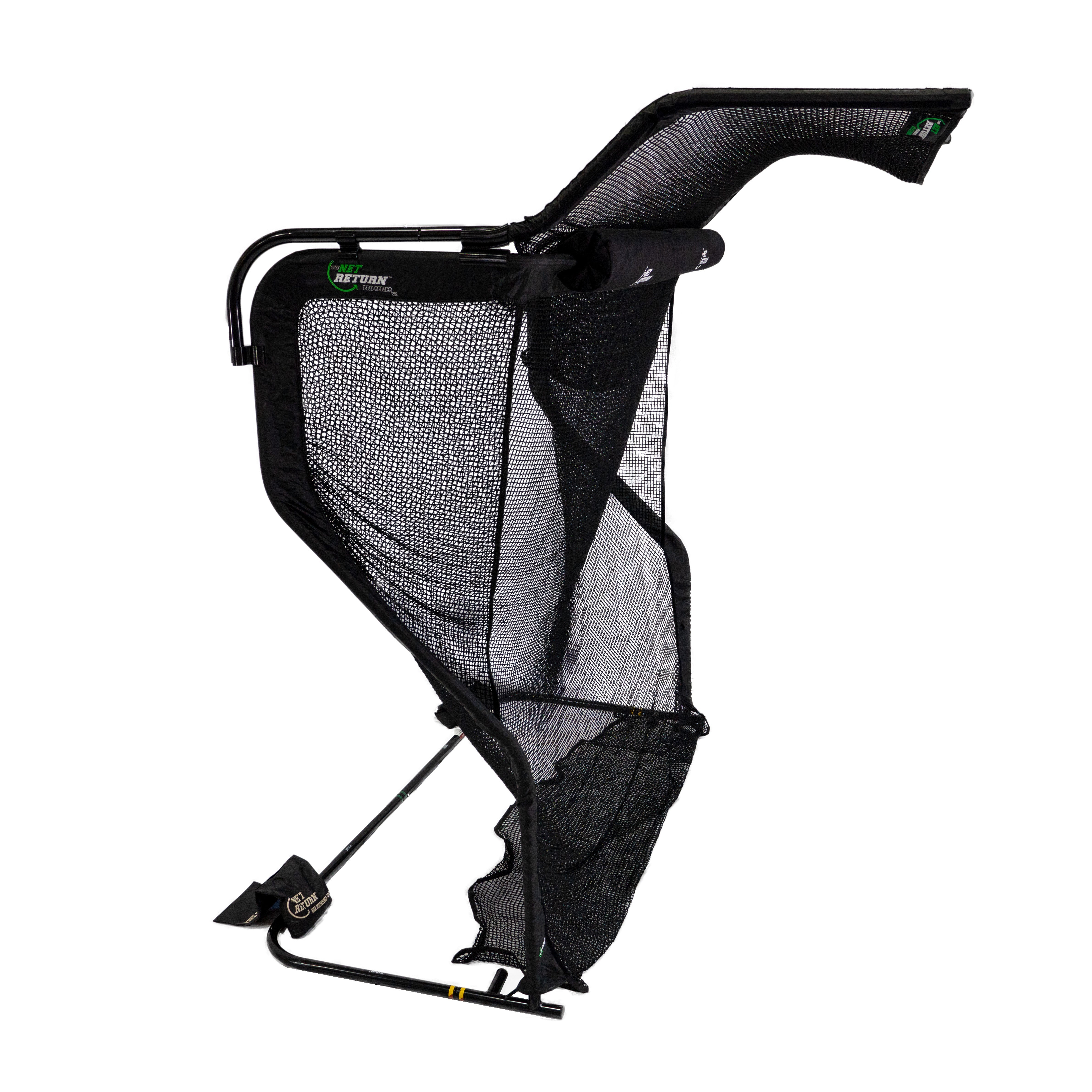 The Net Return No Fly Zone V2 Accessory is a black mesh grass catcher with a metal frame, angled opening, and support bar—like a golf net extension—designed for efficient grass clippings collection.