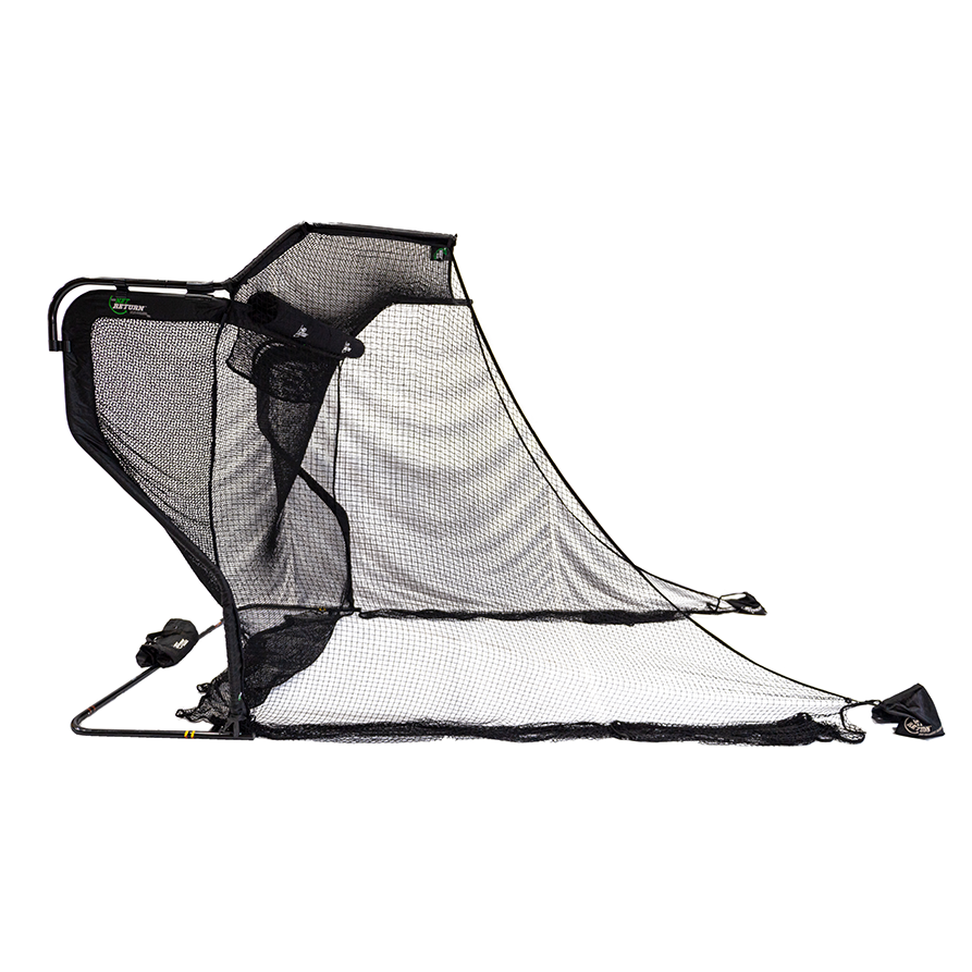 A black sports net with a curved back support and base stand for catching balls, isolated on a white background.