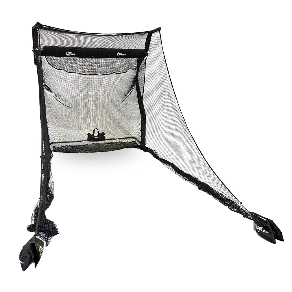 A portable black sports net with a frame and extended side nets, designed for catching balls.