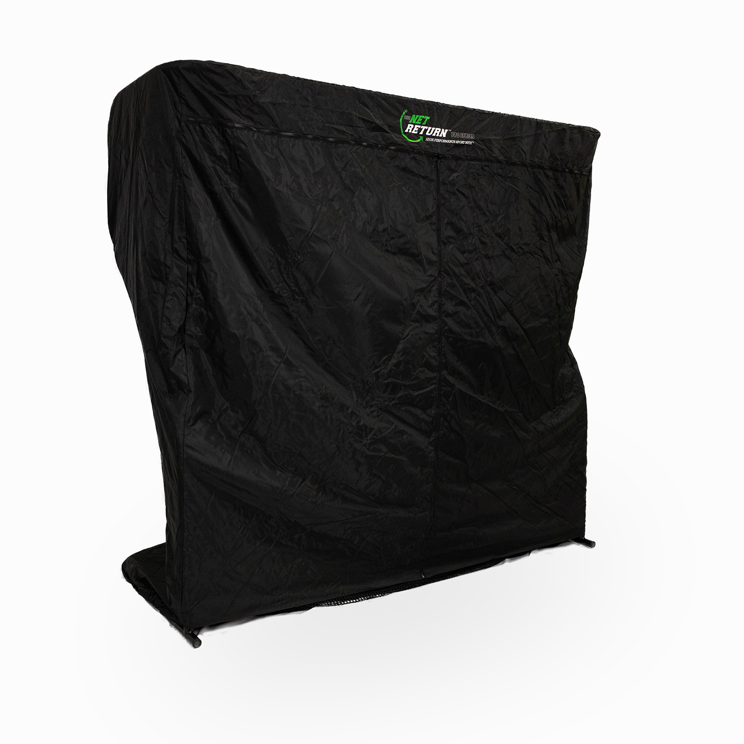 Black dust cover on a large vertical object, with a green logo at the top. The fabric is crumpled and fitted snugly.