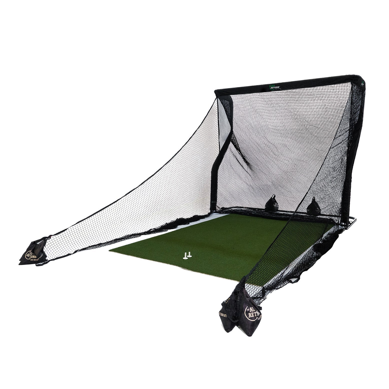 A portable golf practice net with a large mesh netting and a green mat, designed for catching golf balls during practice.