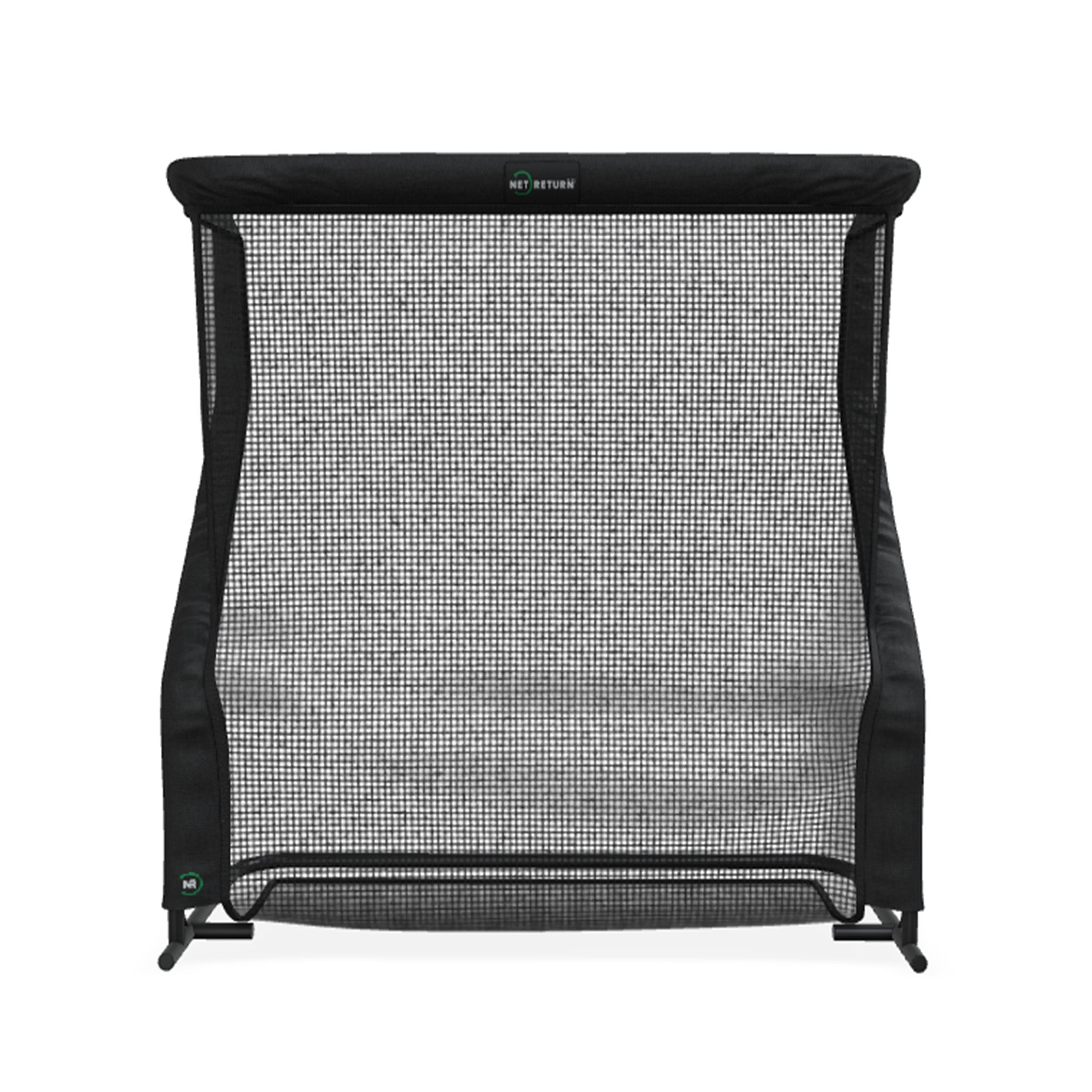 A black sports net return target, designed for practicing ball sports, stands alone with a mesh surface and sturdy frame.