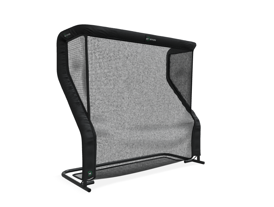 Black sports rebound net with a curved frame on a black metal stand, designed for practice or training.