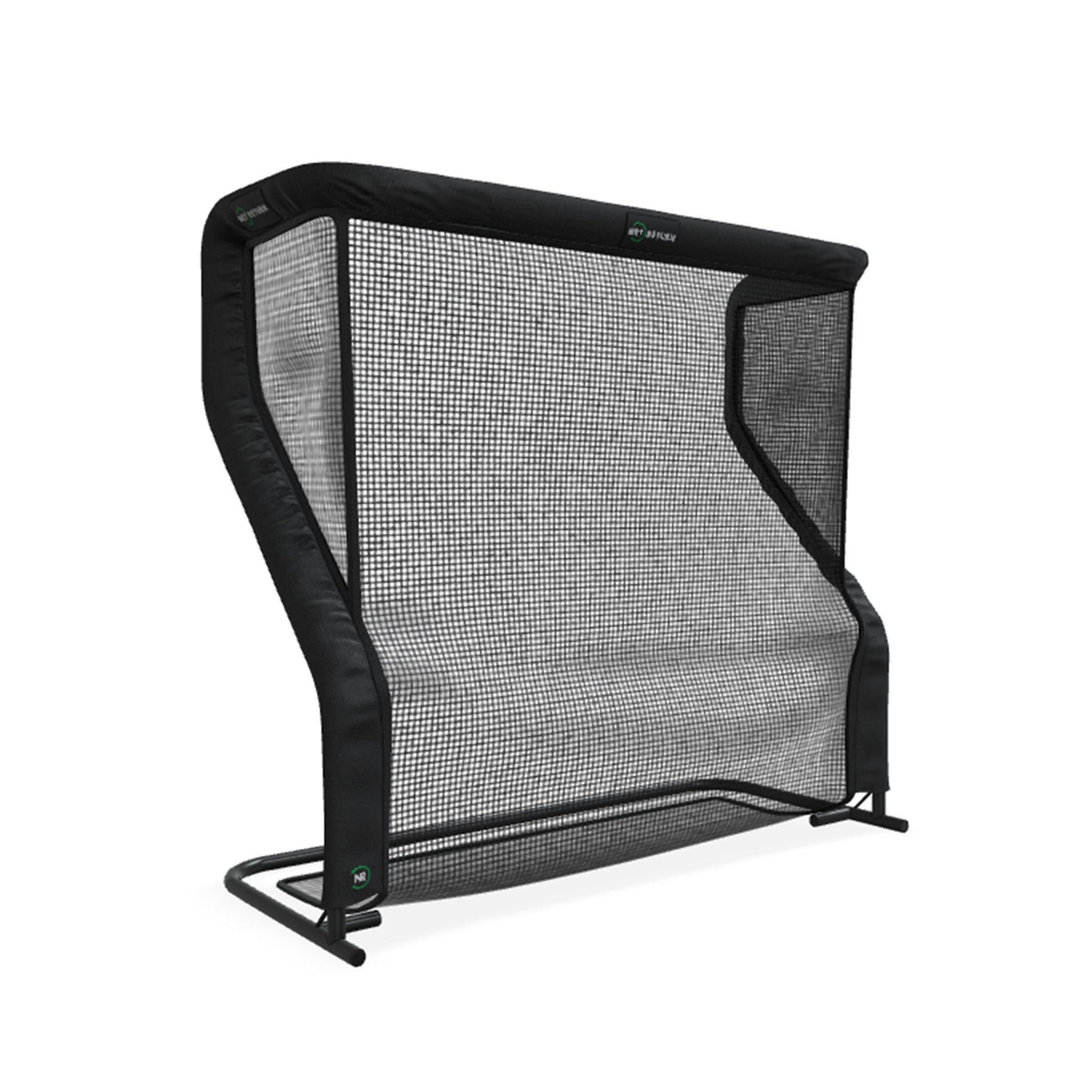 Golf goal backstop with a black frame and netted barrier designed to catch stray pucks.