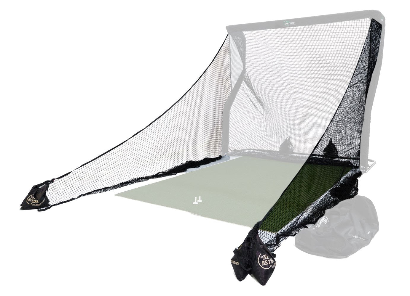 Portable golf practice net with a hitting mat, featuring black mesh and weighted corners, set on a green surface.