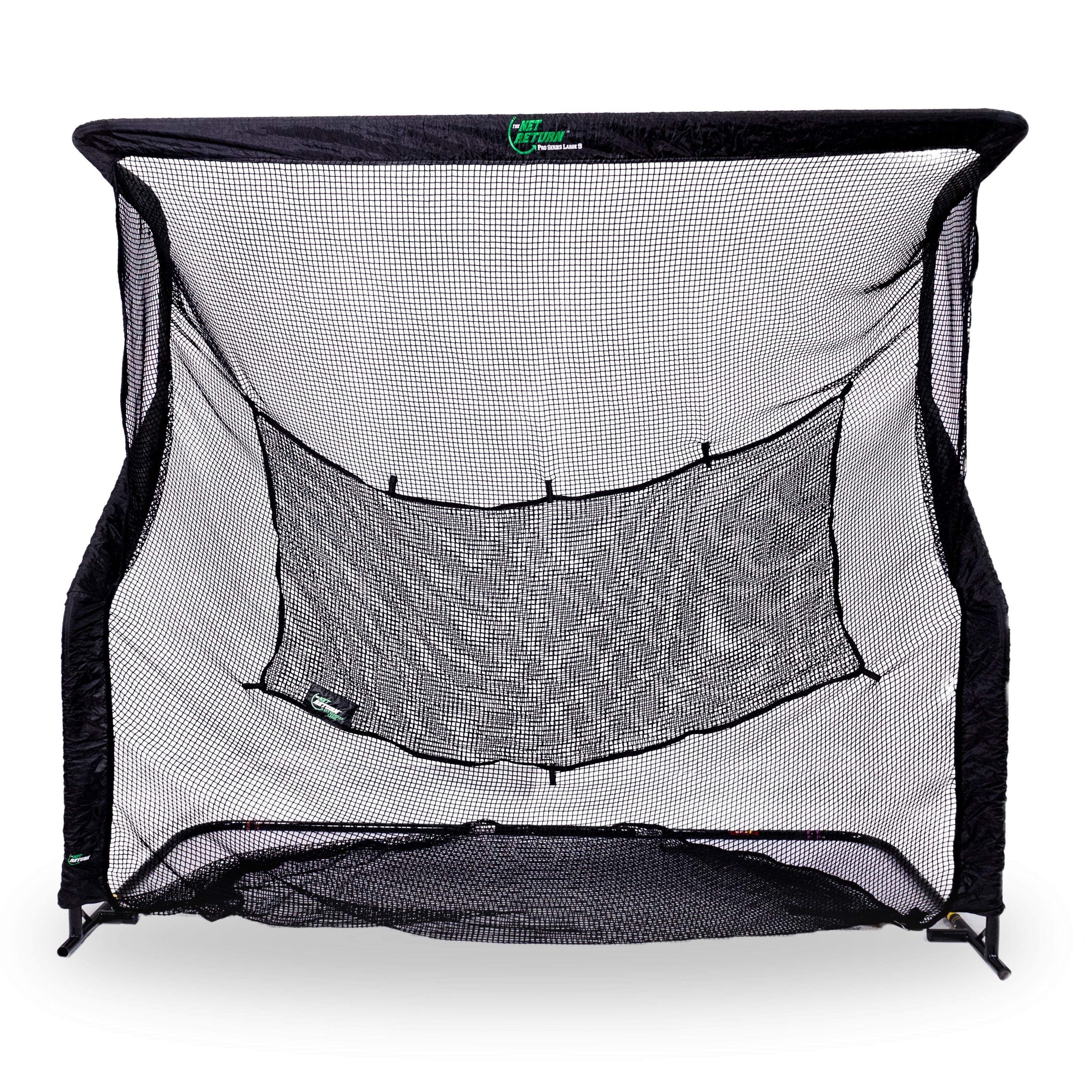 A black and white sports net with a large front net and a smaller inner target net, designed for practicing shots.