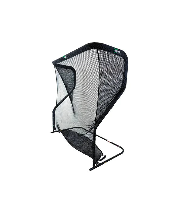 A freestanding black sports net with a curved frame, suitable for catching or deflecting balls during practice.