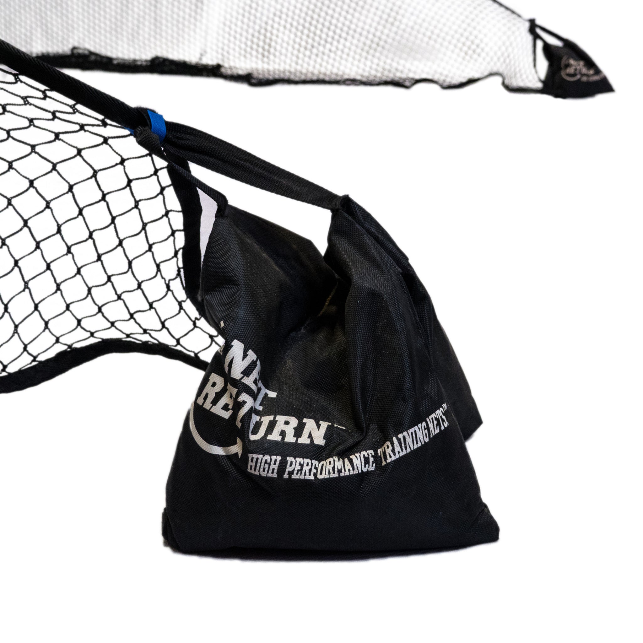 Black sports net with white text reading “NET RETURN HIGH PERFORMANCE TRAINING NETS†on the side.