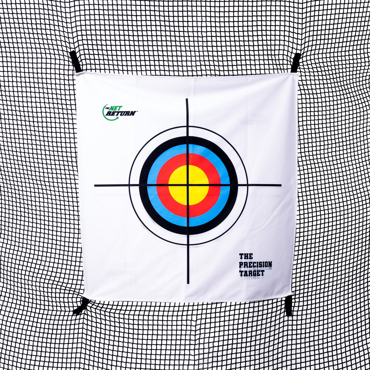 A multicolored archery target with concentric circles is displayed on a white background with black grid lines.
