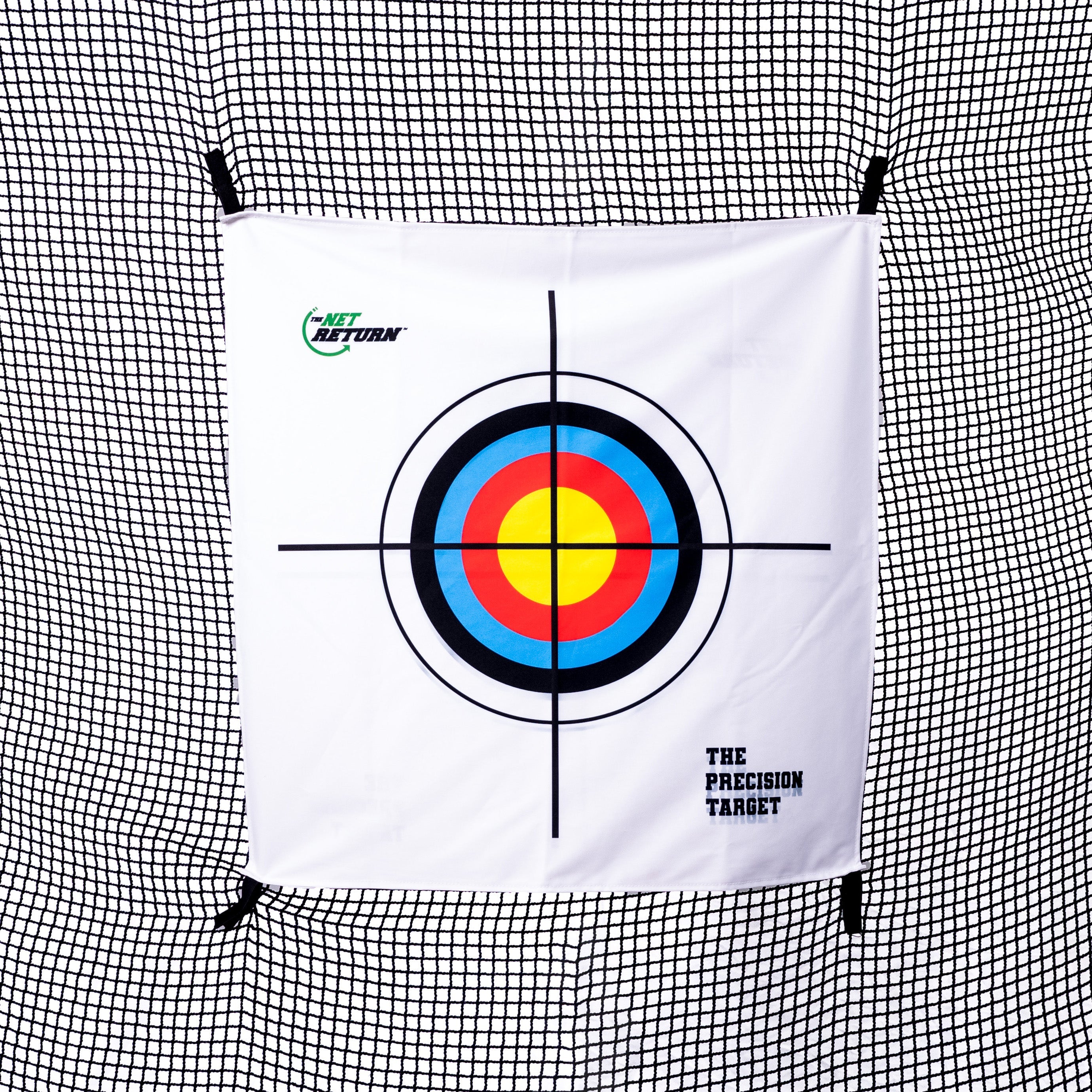 A multicolored archery target with concentric circles is displayed on a white background with black grid lines.