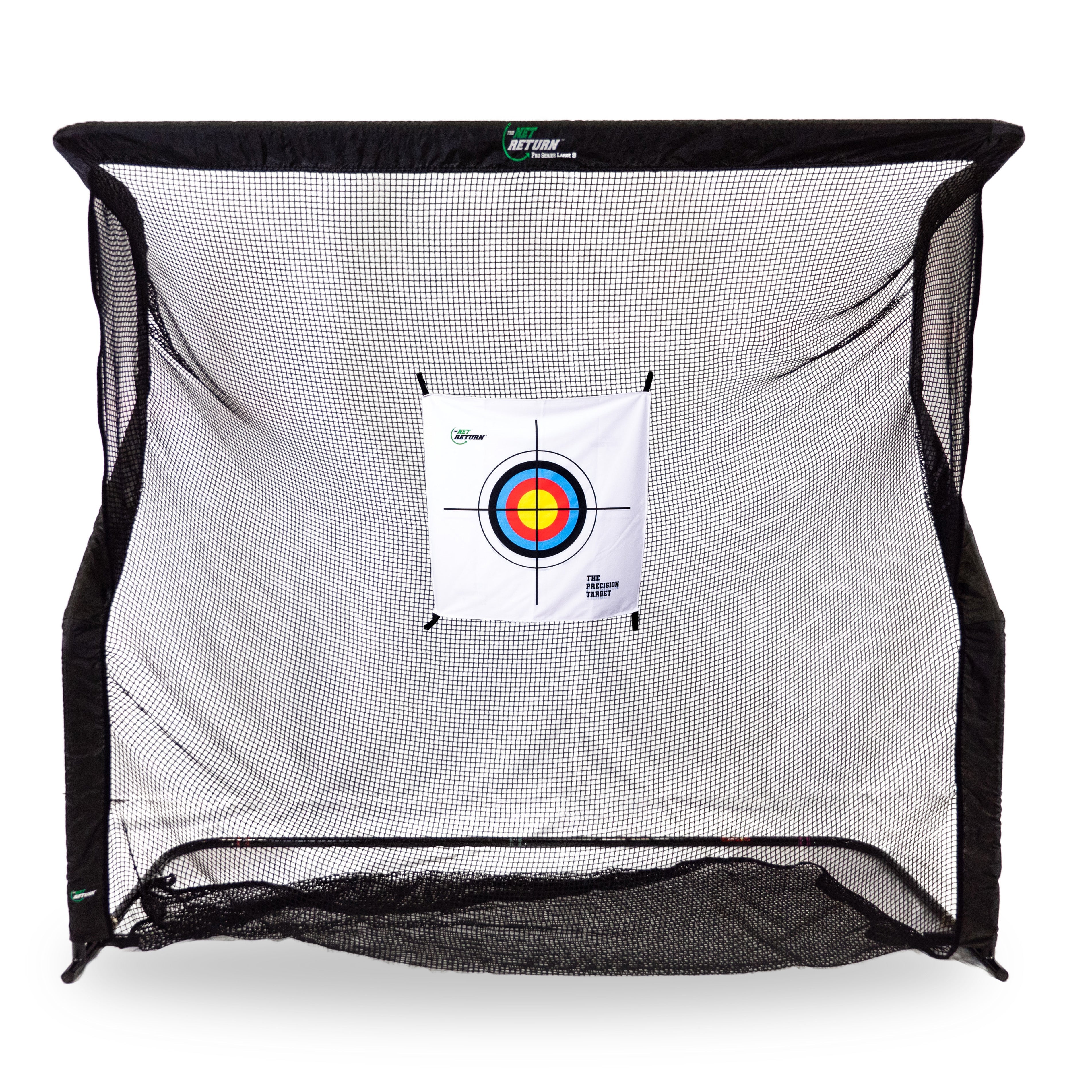 A black practice net with a target in the center on a white backdrop.