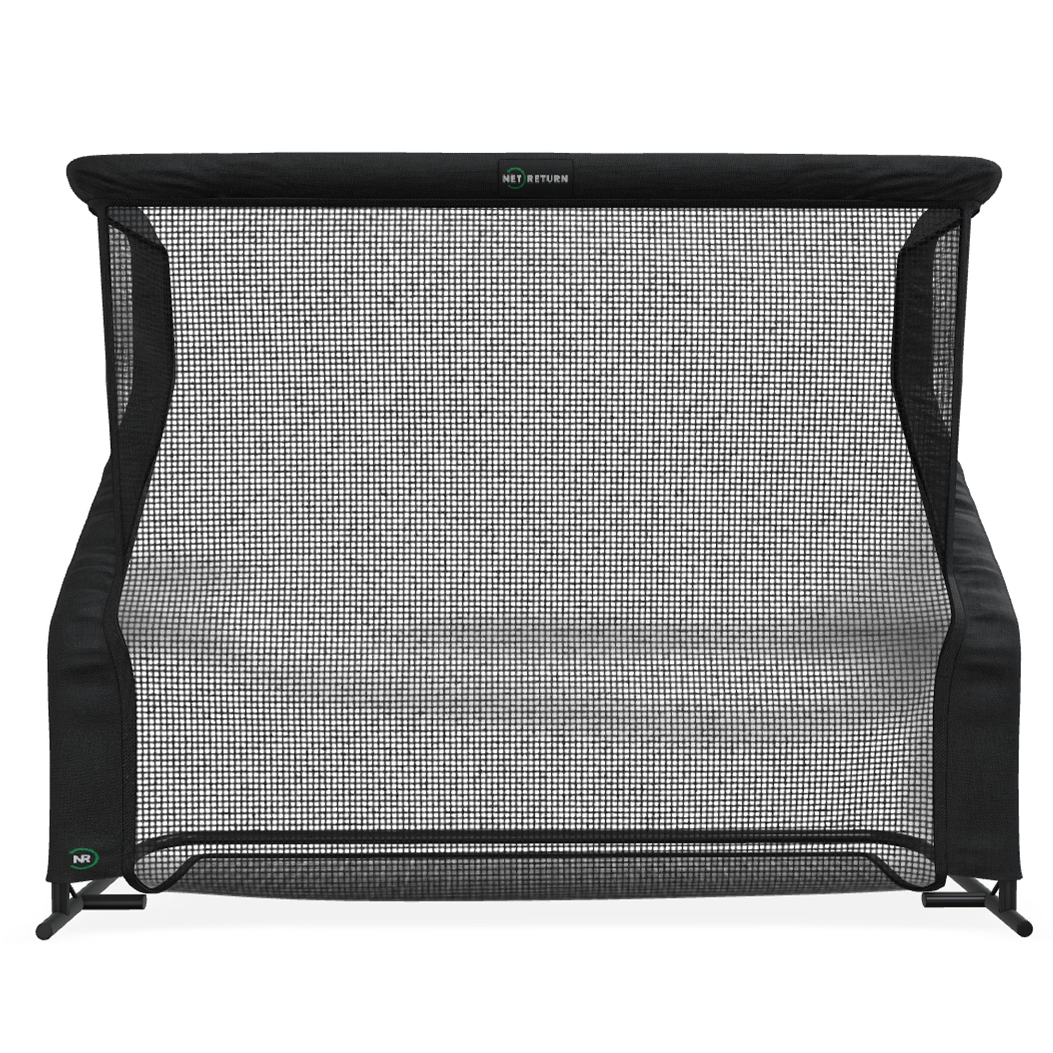 A black sports net with a rectangular frame, designed for returning balls in various sports practices.
