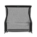 Black sports net with a sturdy frame, designed for practicing ball returns, against a white background.