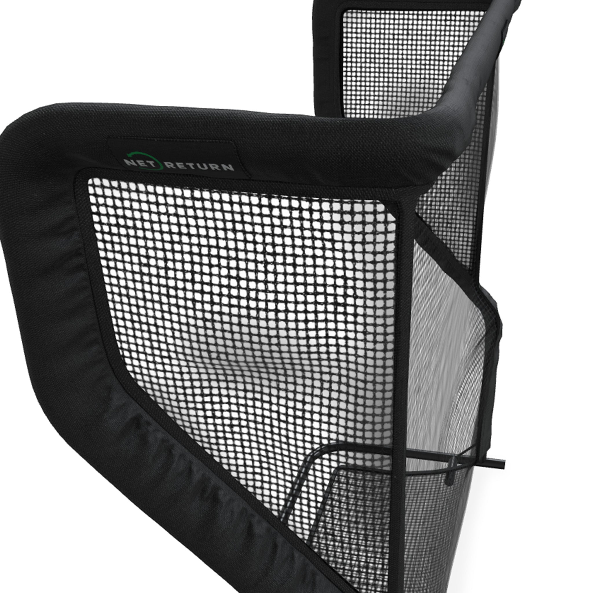 A corner view of a black sports net with a frame labeled "Net Return," designed to catch and return balls.