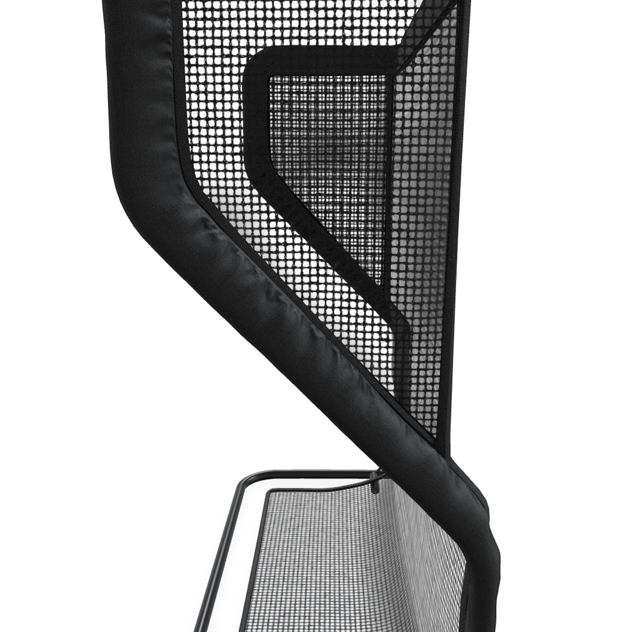 Close-up of a black mesh chair back with a geometric pattern and a metal frame.
