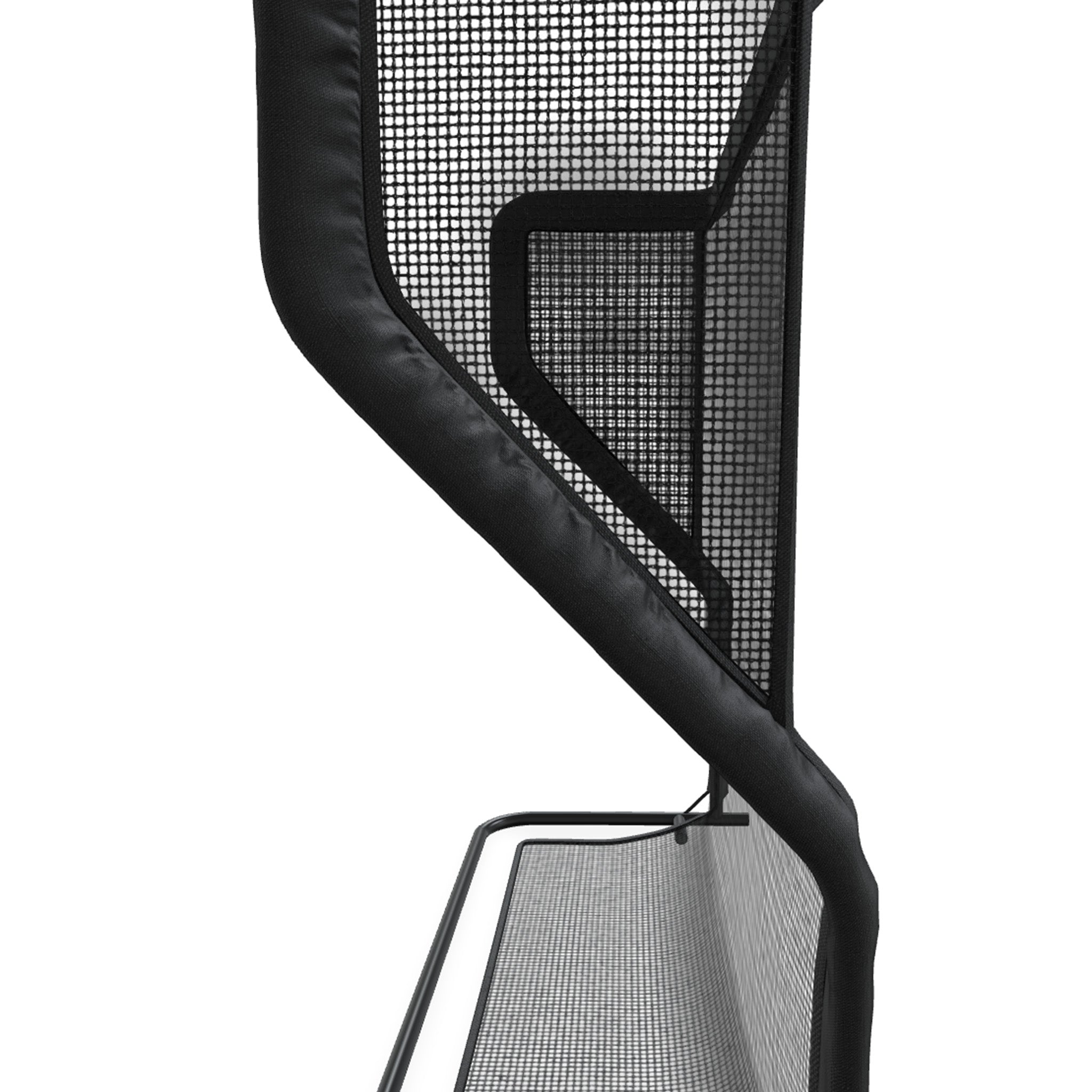 Side view of a black mesh chair with a curved frame and ergonomic back support.