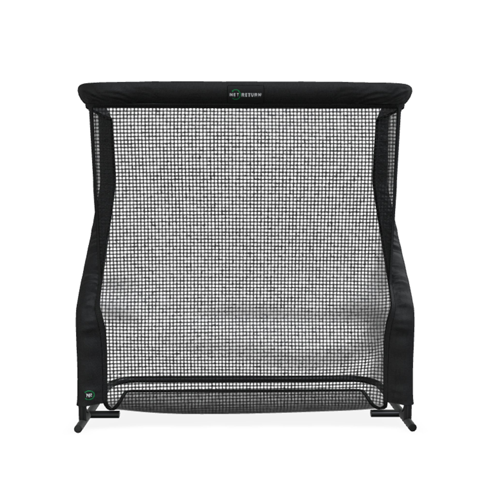 A black netted sports return net with a sturdy frame designed for practicing ball sports.
