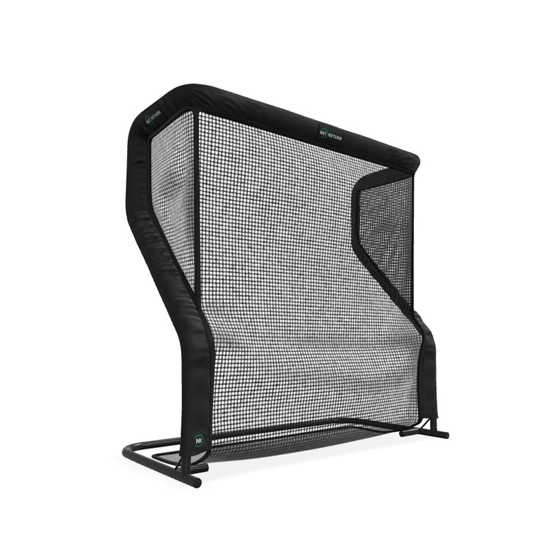 A black and gray sports rebounder net with a sturdy frame and protective padding.