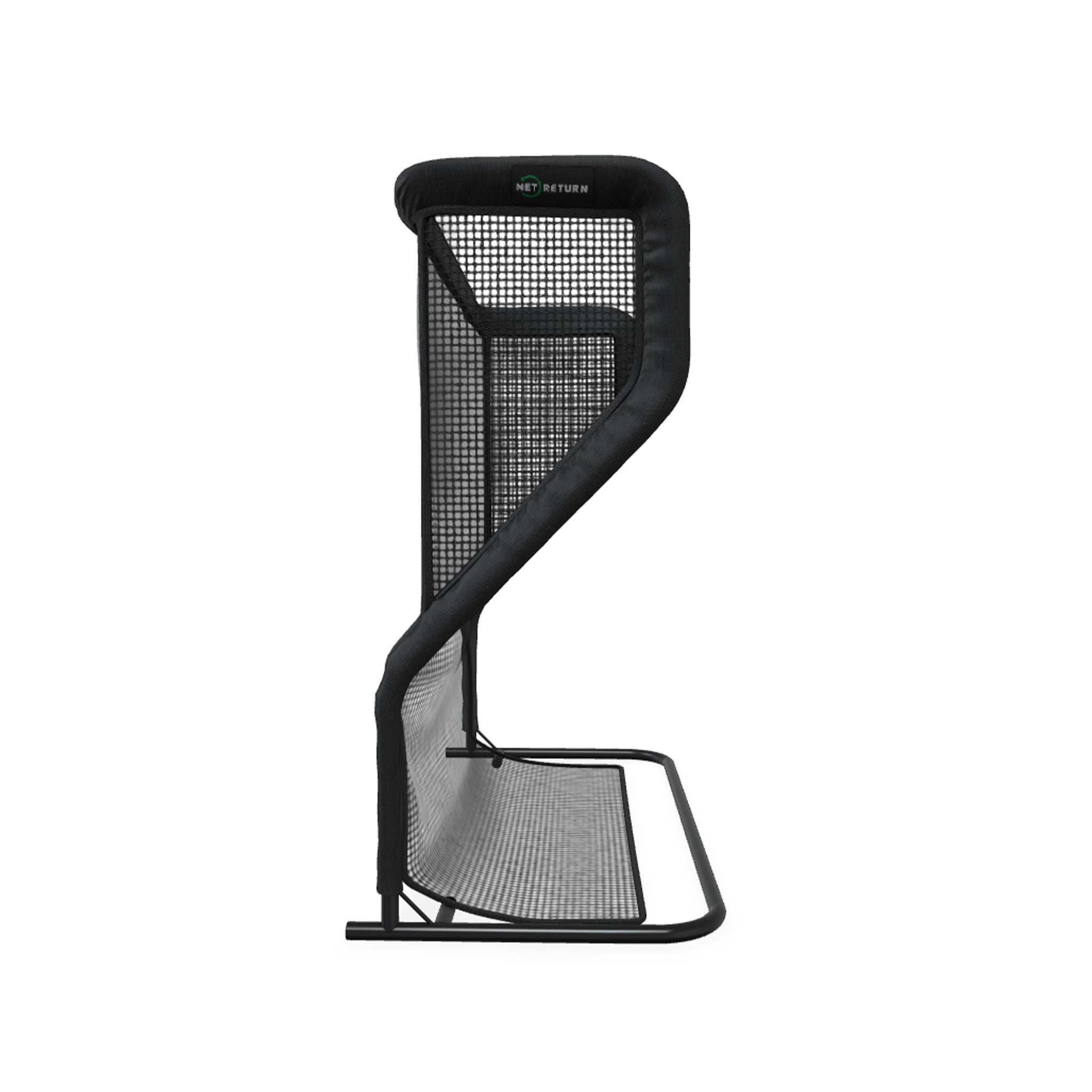 Side view of a freestanding black sports net on a metal frame designed for practice or training.