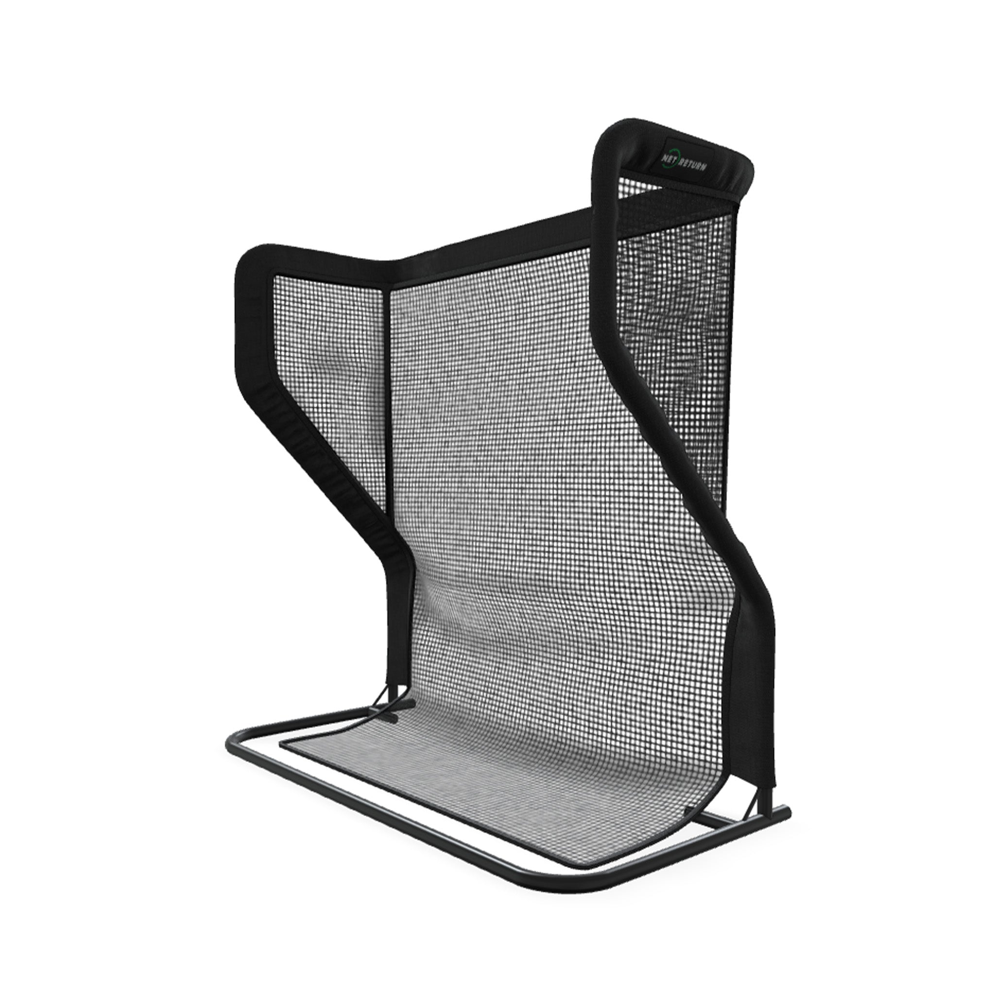 Mesh chair back support with a black frame and a curved ergonomic design.