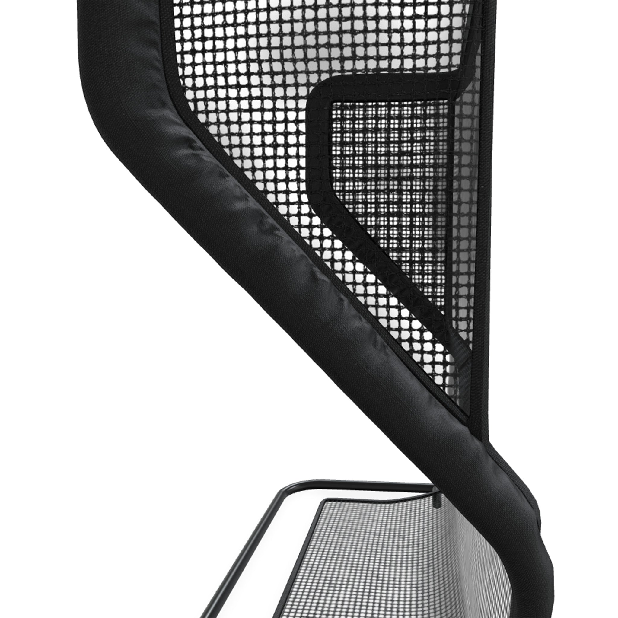 Close-up of a black mesh office chair backrest, featuring a minimalist design with a curved frame and visible mesh texture.