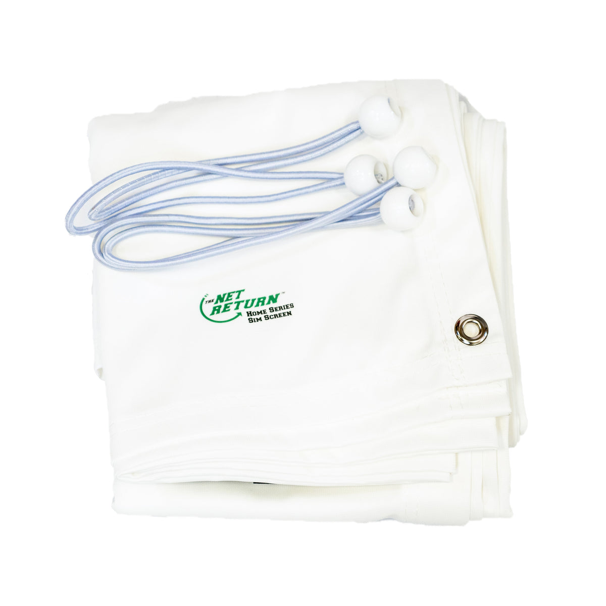 Folded white sports net with a printed logo, eyelets, and attached cords with plastic toggles.