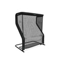 A black, freestanding sports rebound net with a rectangular frame on a flat base.
