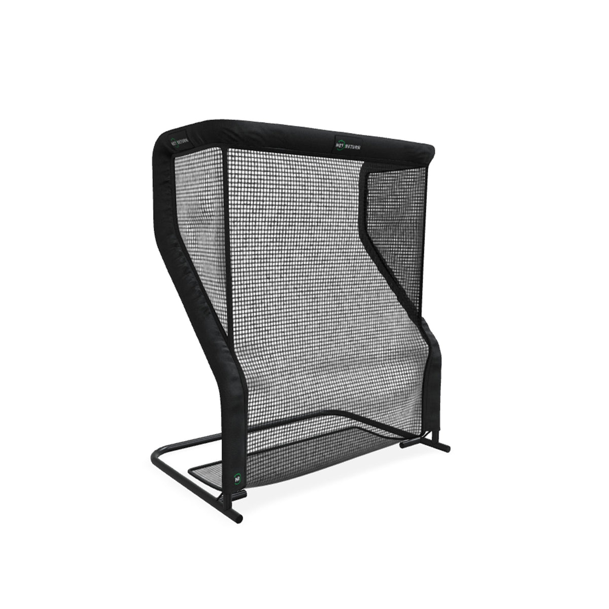 A black, freestanding sports rebound net with a rectangular frame on a flat base.