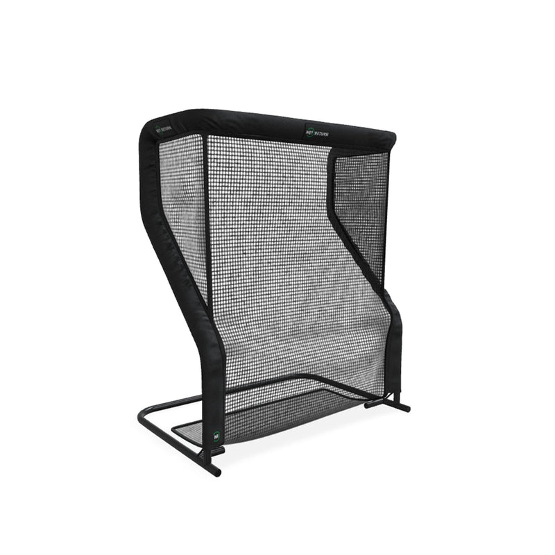 A black, freestanding sports rebound net with a rectangular frame on a flat base.
