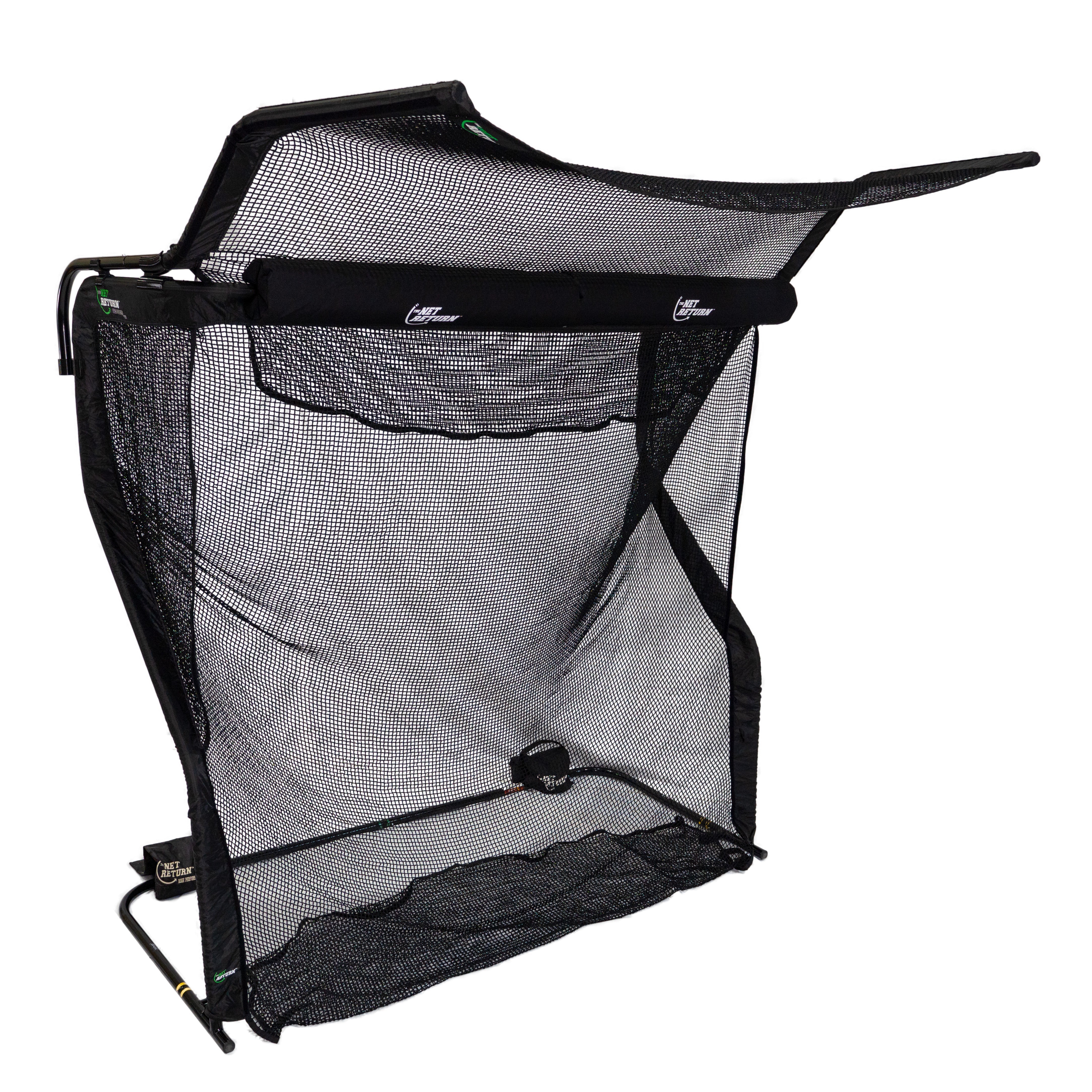 The Net Return's No Fly Zone V2 Accessory is a black, rectangular sports net with a frame and golf net extension for extra coverage, shown set up against a white background.