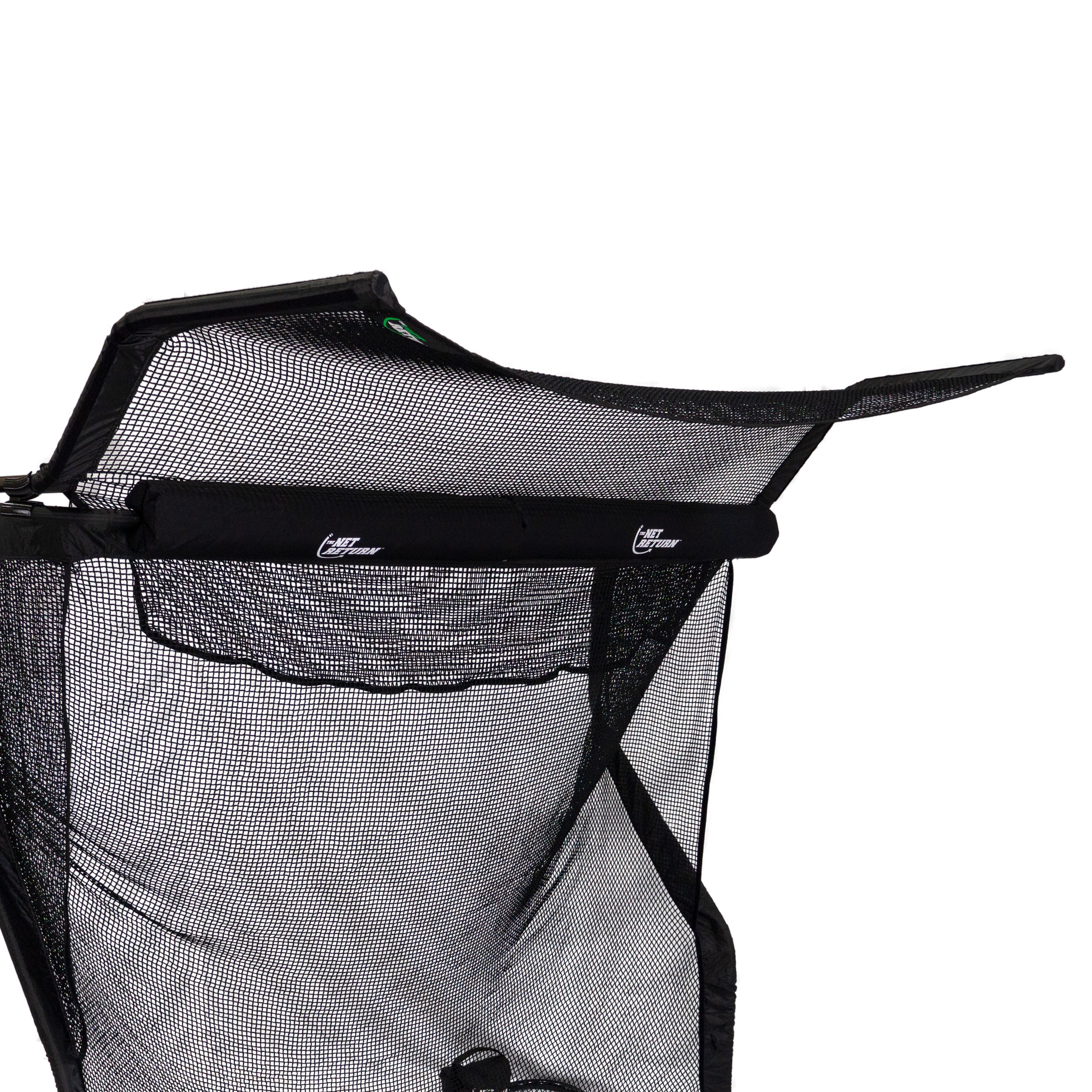 A close-up of The Net Return No Fly Zone V2 Accessory, a black mesh folding sports chair with armrests and small white logos, positioned under overhead protection near a golf simulator enclosure.