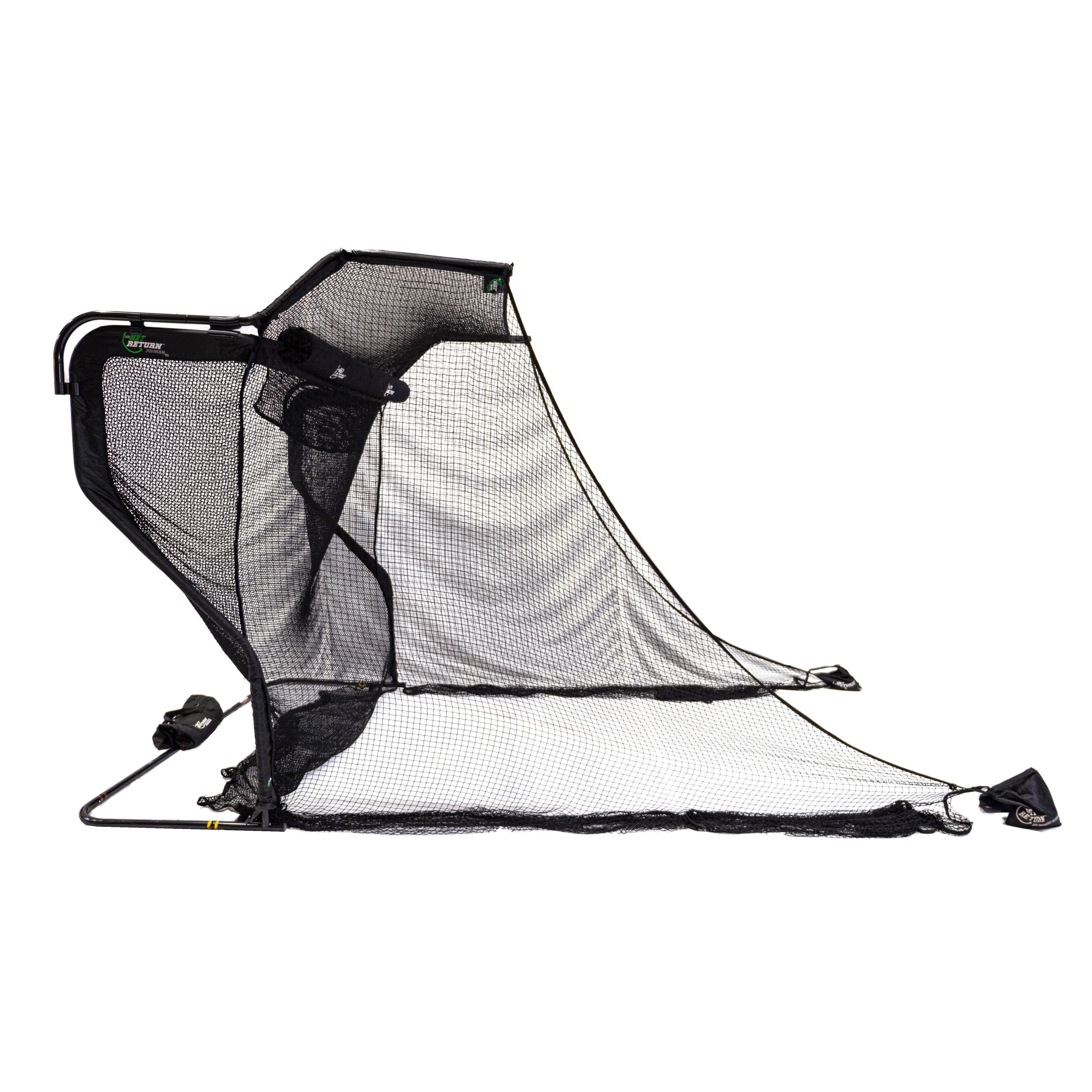 The Net Return No Fly Zone V2 Accessory is a portable black sports net with an angled frame and golf net extension for enhanced overhead protection, featuring netting over metal supports—ideal for catching balls during practice.