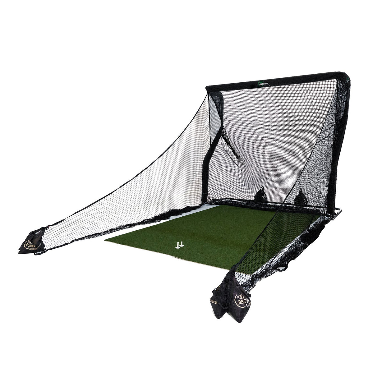 A portable golf practice net with a green hitting mat and two golf tees set up for use indoors or outdoors.