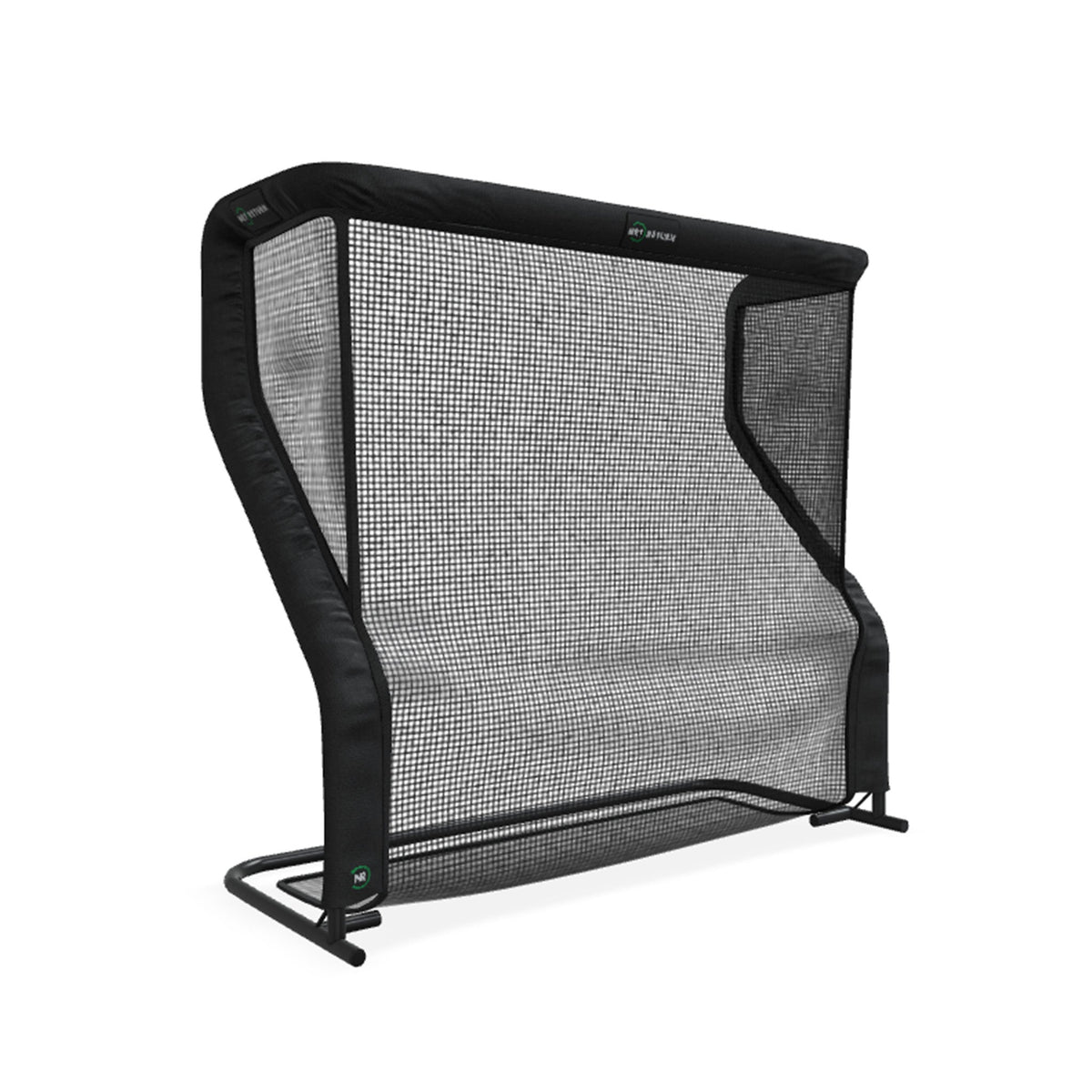 Golf goal backstop with a black frame and netted barrier designed to catch stray pucks.