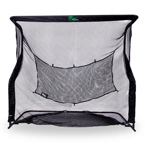 A black and white sports net with a large front net and a smaller inner target net, designed for practicing shots.