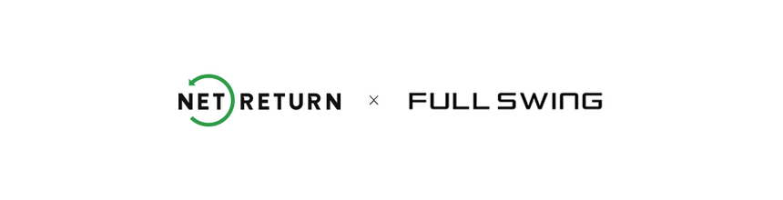 Logos for Net Return and Full Swing, separated by an "X" on a white background.