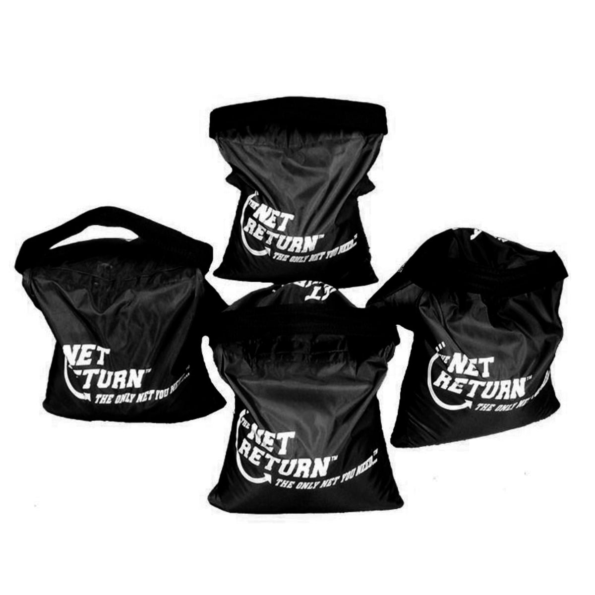 Four black Net Return bags with white text are arranged in a group.