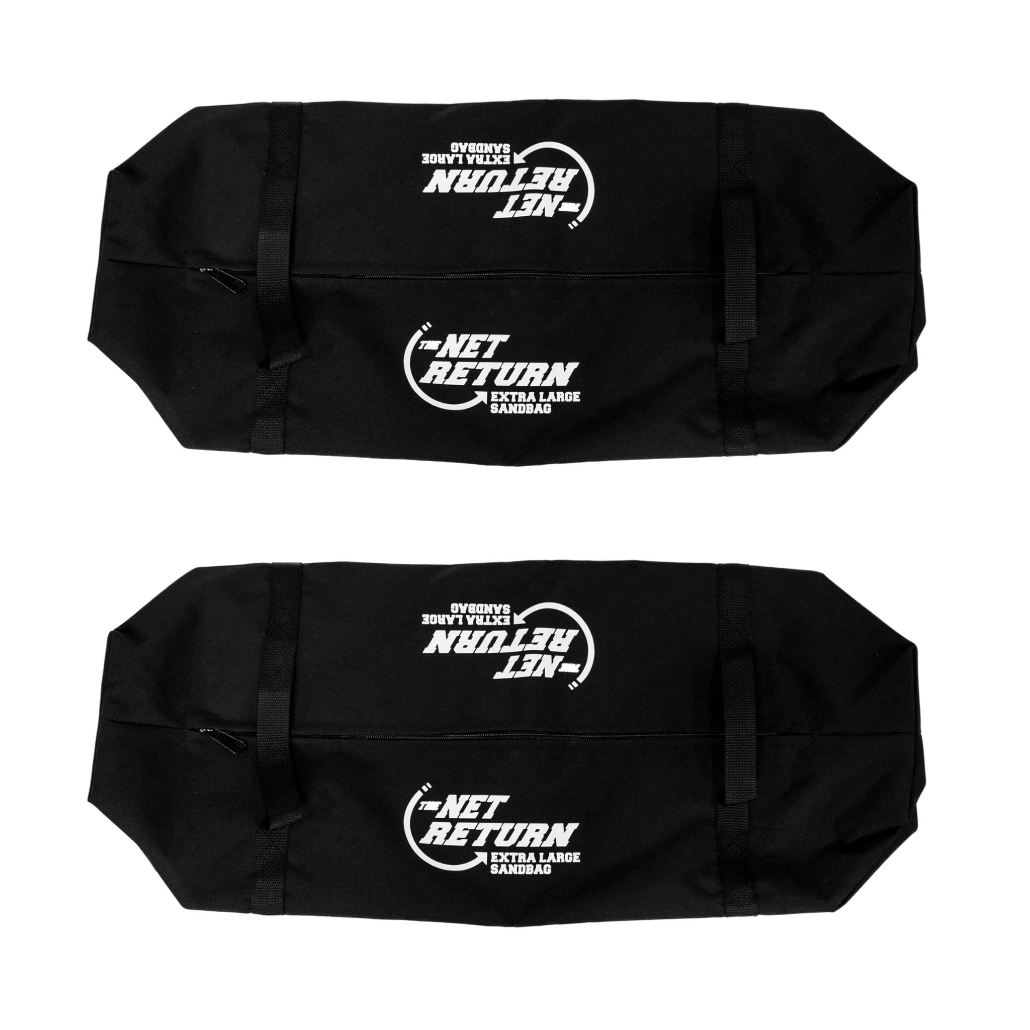 Two black sandbags with "The Net Return Extra Large Sandbag" printed on them are displayed against a white background.