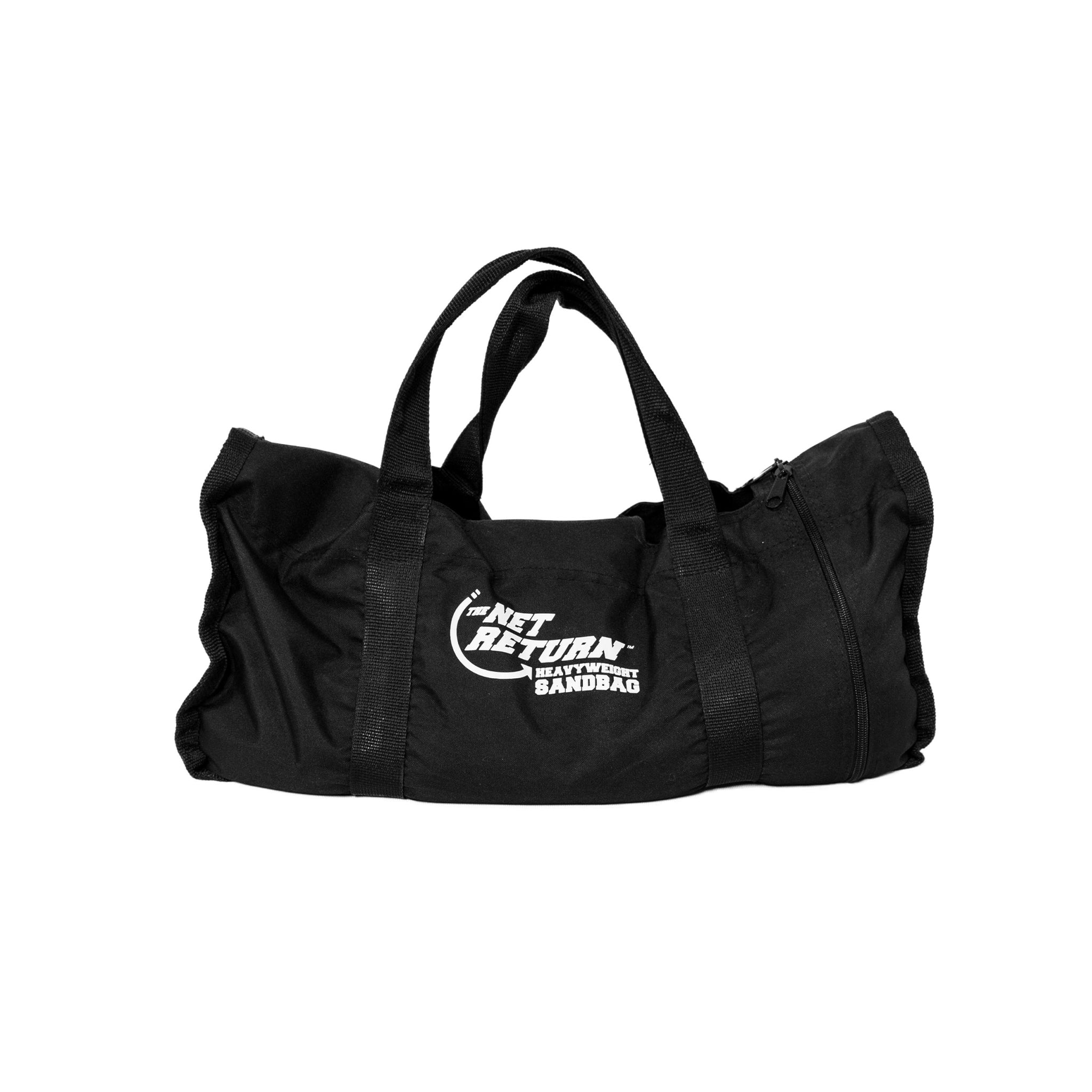 Black duffel bag with "The Net Return Traveler Sandbag" logo on the side, featuring two handles and a zippered top.