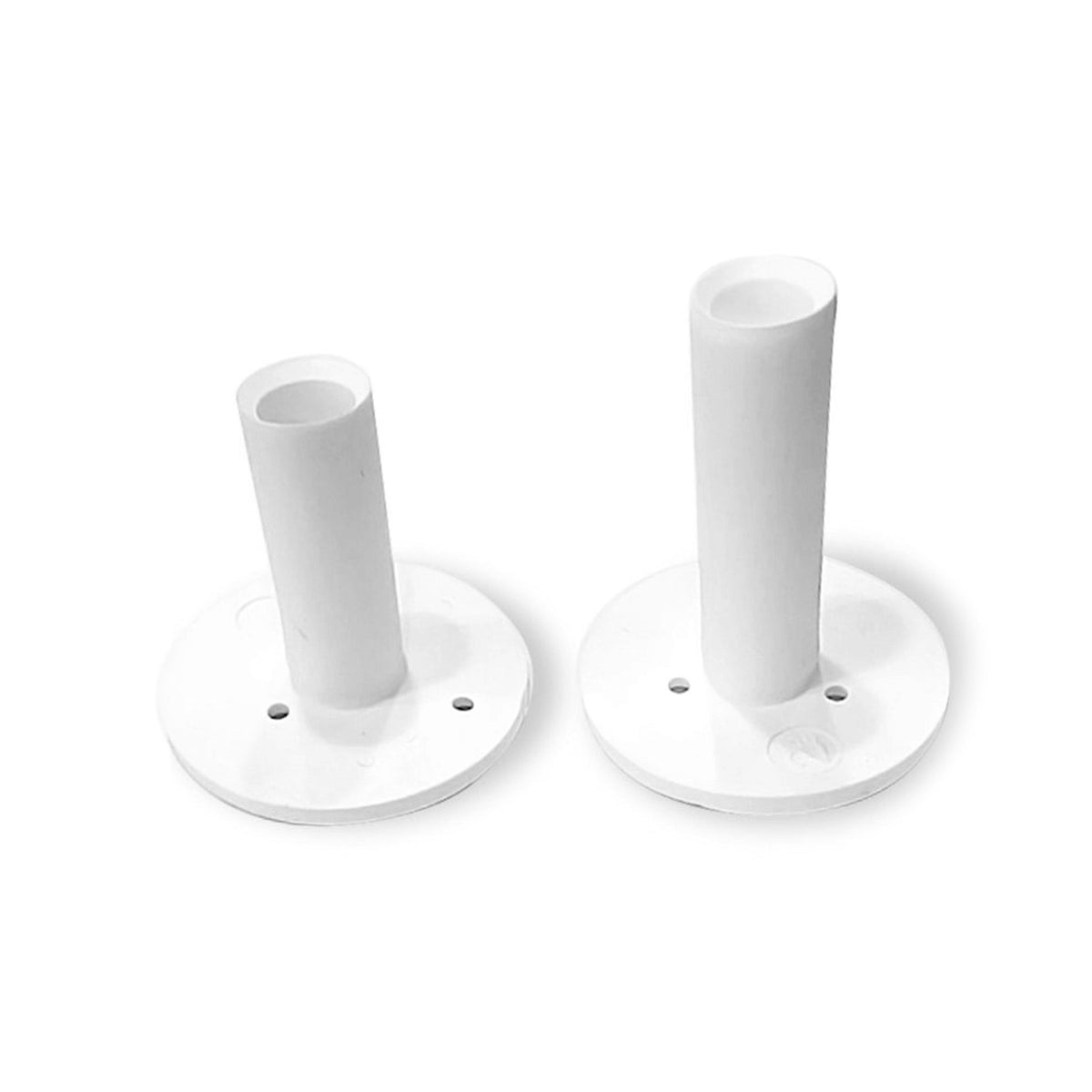 Two white plastic cylindrical holders with circular bases, placed side by side, one taller than the other, on a white background.